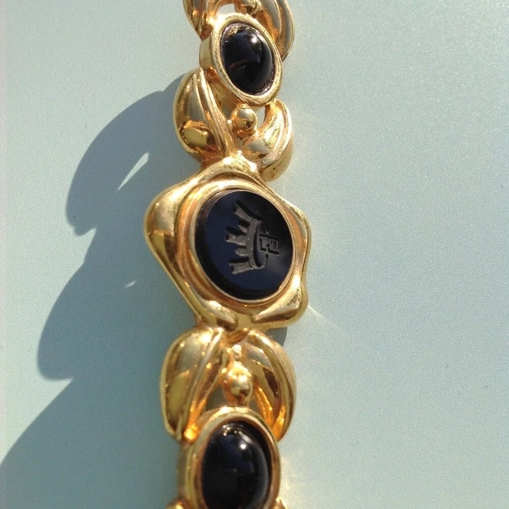 Fendi Brooch Victorian Revival Bar Rhodium Gold Intaglio Logo + Onyx Cabochons